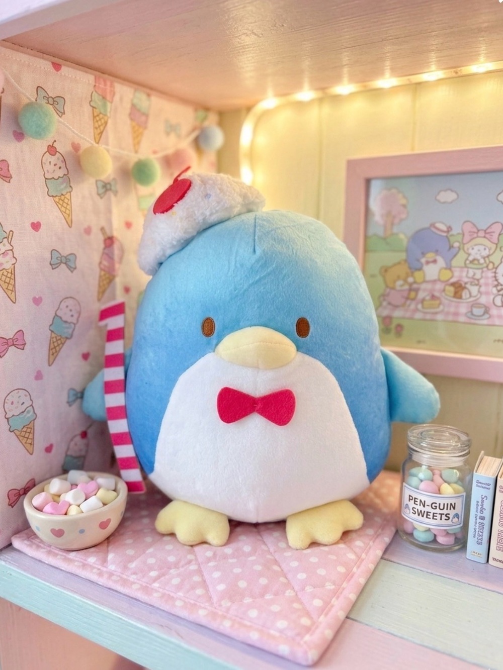 Sanrio Tuxedosam Blue & White Penguin Plush with Pink Bow